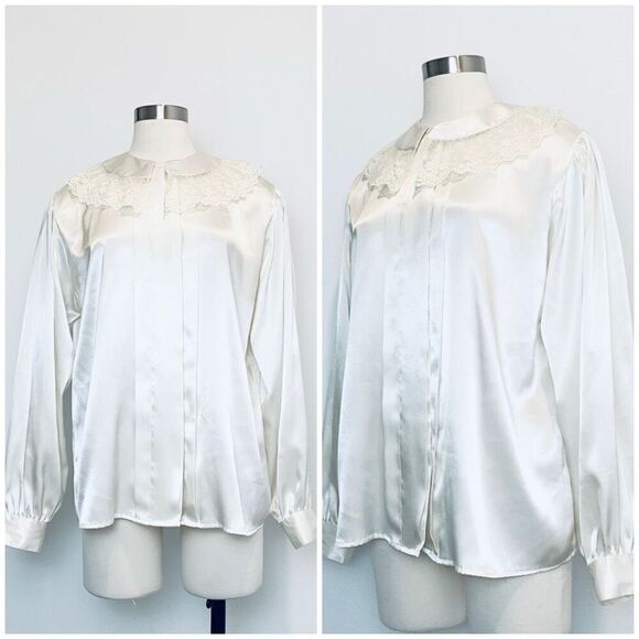 Vintage 80s Notations Cottage Satin Ivory Button Large Collared Blouse L - Picture 1 of 7